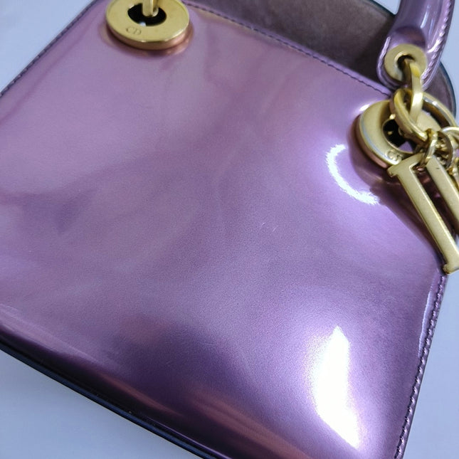 Lady Dior Mini Metallic Pink Patent Leather Gold Hardware Suede Interior 2018
