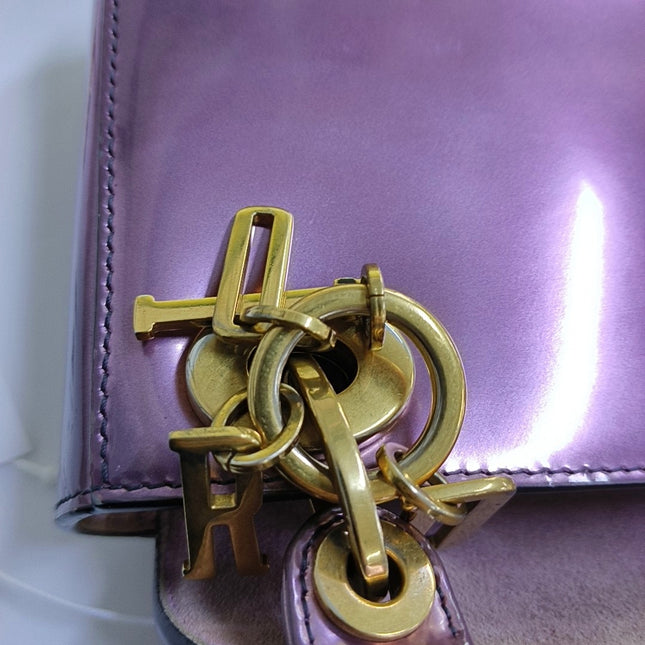 Lady Dior Mini Metallic Pink Patent Leather Gold Hardware Suede Interior 2018