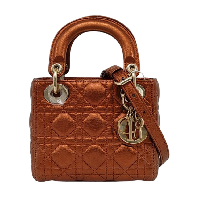 Lady Dior Mini Metallic Brick Red Calfskin Leather Gold Hardware Leather Strap 2017