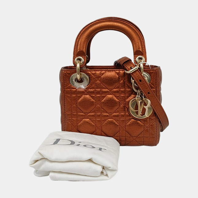 Lady Dior Mini Metallic Brick Red Calfskin Leather Gold Hardware Leather Strap 2017