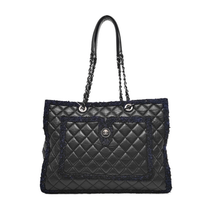 Chanel Surpique Tote Black Quilted Leather with Tweed Edges Silver Hardware