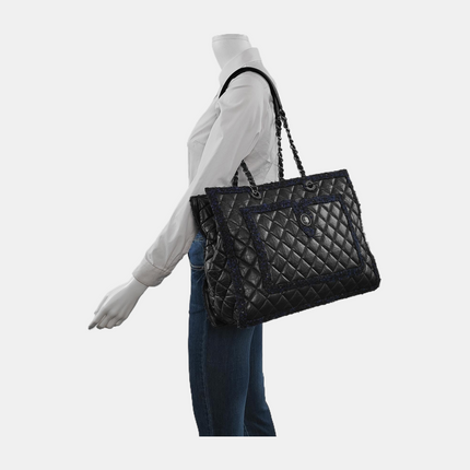 Chanel Surpique Tote Black Quilted Leather with Tweed Edges Silver Hardware