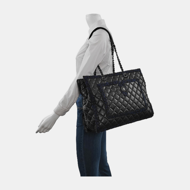 Chanel Surpique Tote Black Quilted Leather with Tweed Edges Silver Hardware