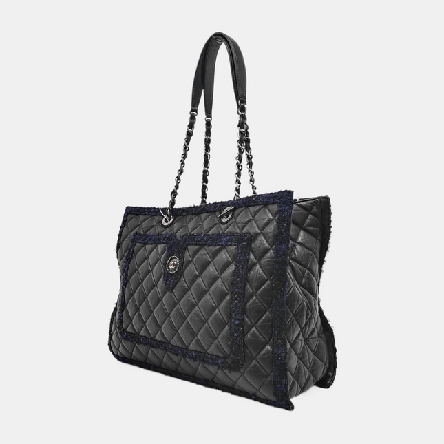 Chanel Surpique Tote Black Quilted Leather with Tweed Edges Silver Hardware
