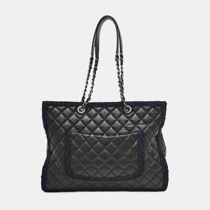 Chanel Surpique Tote Black Quilted Leather with Tweed Edges Silver Hardware