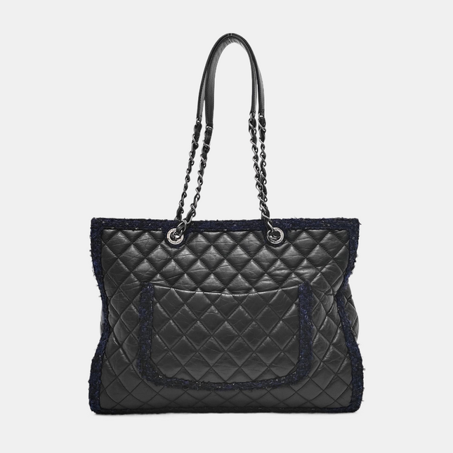 Chanel Surpique Tote Black Quilted Leather with Tweed Edges Silver Hardware
