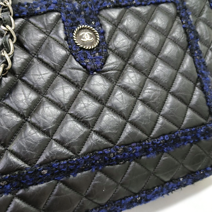 Chanel Surpique Tote Black Quilted Leather with Tweed Edges Silver Hardware