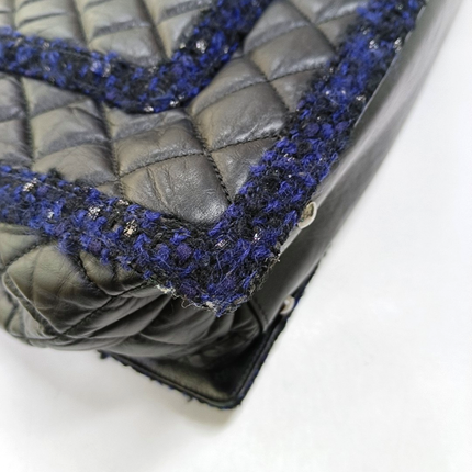 Chanel Surpique Tote Black Quilted Leather with Tweed Edges Silver Hardware