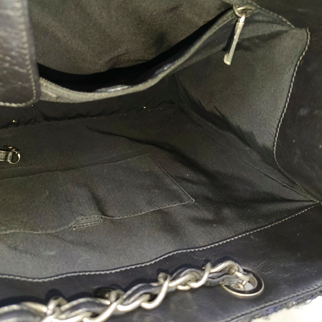 Chanel Surpique Tote Black Quilted Leather with Tweed Edges Silver Hardware