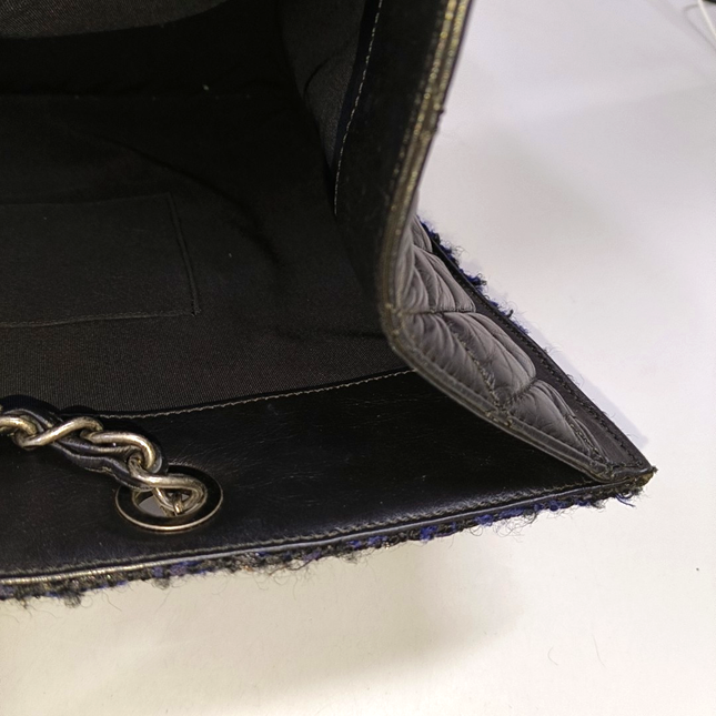 Chanel Surpique Tote Black Quilted Leather with Tweed Edges Silver Hardware