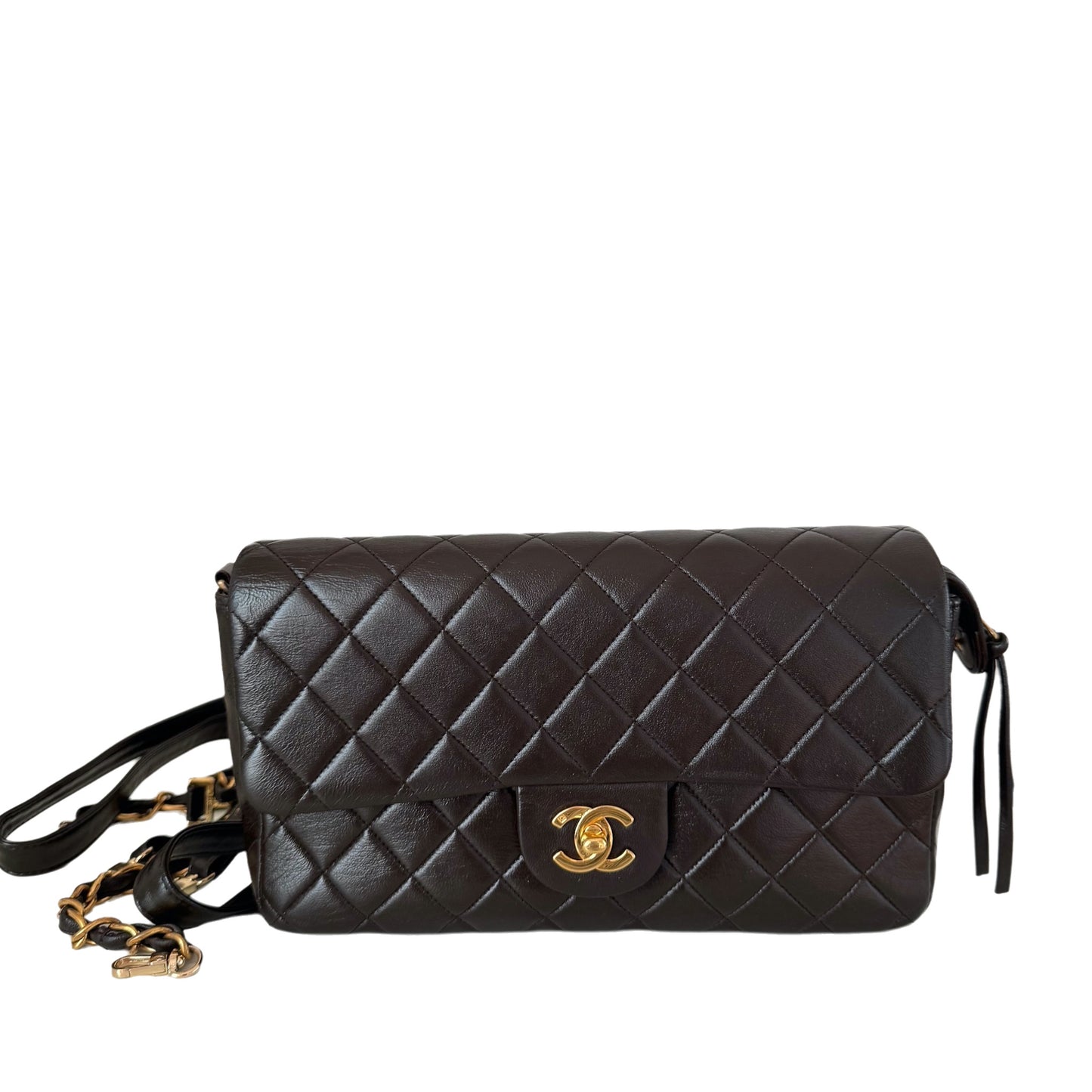 Chanel Chocolate Brown Lambskin Leather Shoulder Flap Blackpack Vintage Gold HW-Luxbags