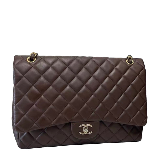 Chanel Classic Flap Maxi Chocolate Brown Lambskin Leather Single Flap Silver Hardware