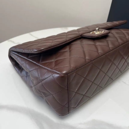 Chanel Classic Flap Maxi Chocolate Brown Lambskin Leather Single Flap Gold Hardware