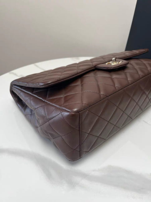 Chanel Classic Flap Maxi Chocolate Brown Lambskin Leather Single Flap Gold Hardware