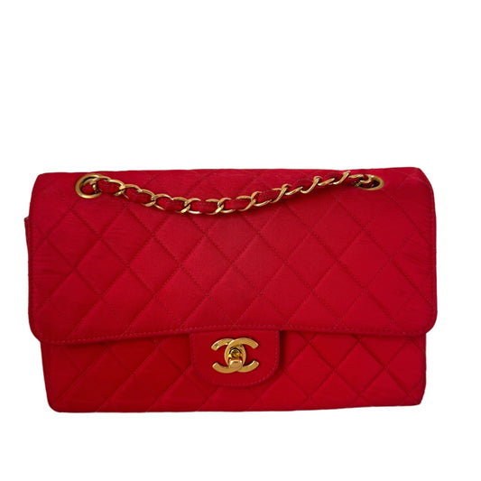 Chanel Classic Flap Medium Vintage Red Nylon Satin with 24k Gold Plated HW-Luxbags