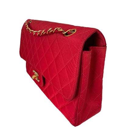 Chanel Classic Flap Medium Vintage Red Nylon Satin with 24k Gold Plated HW