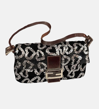 FENDI Baguette White Heart Shaped Sequin Black Shoulder Bag