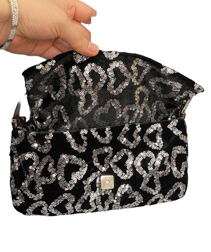 FENDI Baguette White Heart Shaped Sequin Black Shoulder Bag