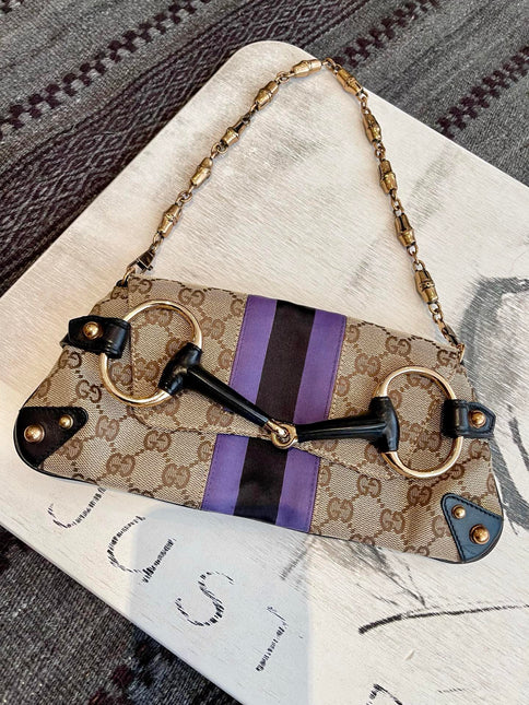 Gucci Horsebit 1955 Small Chain Bag Gucci Monogram Black Purple Web