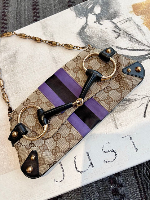 Gucci Horsebit 1955 Small Chain Bag Gucci Monogram Black Purple Web