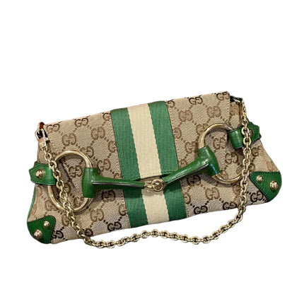 Gucci Horsebit 1955 Small Chain Bag Gucci Monogram Green Web Leather and Gold Studs