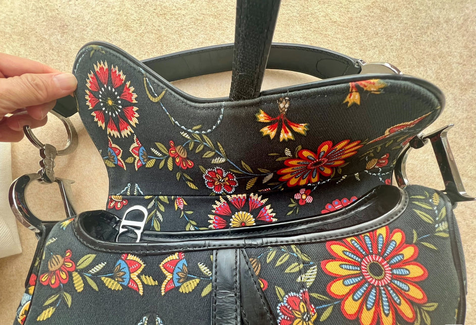 Dior Saddle Black Denim with Floral Embroidery John Galliano Design