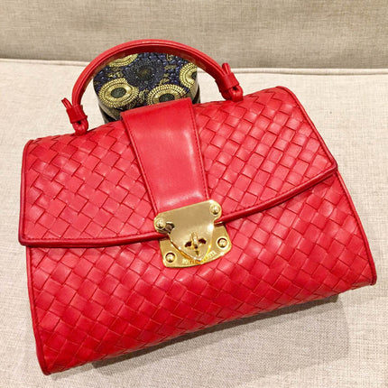 Bottega Veneta Top Handle Bag Red Intrecciato Leather-Luxbags