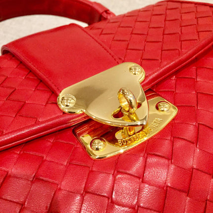 Bottega Veneta Top Handle Bag Red Intrecciato Leather