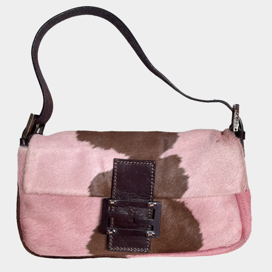 Fendi Baguette Pony-style Calfskin Leather Shoulder Bag in Pink Cow Print-Luxbags