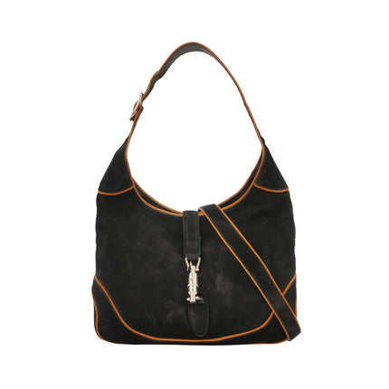 Gucci Jackie Soft Medium Black Nubuck SuedeÊLeather Orange Lining Gold Piston Lock