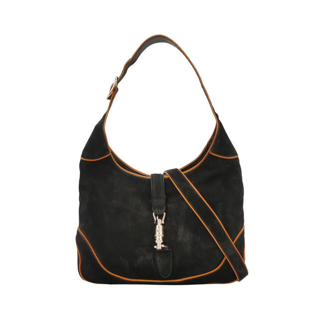 Gucci Jackie Soft Medium Black Nubuck SuedeÊLeather Orange Lining Gold Piston Lock