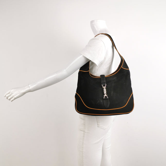 Gucci Jackie Soft Medium Black Nubuck SuedeÊLeather Orange Lining Gold Piston Lock