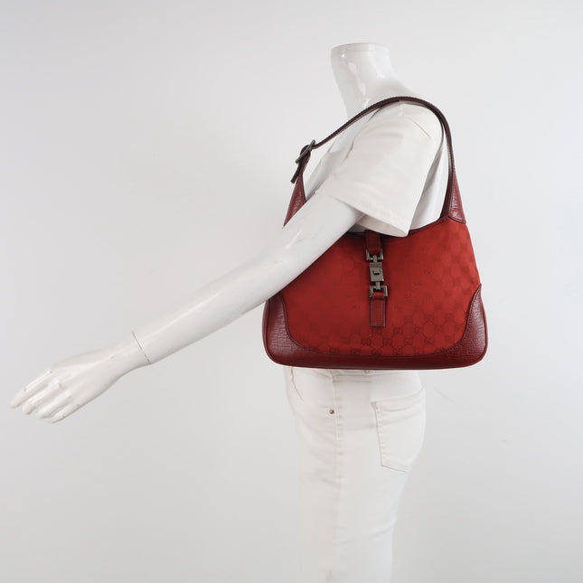 Gucci Jackie Vintage Medium Red Monogram Canvas and Leather Silver Hardware Shoulder Bag