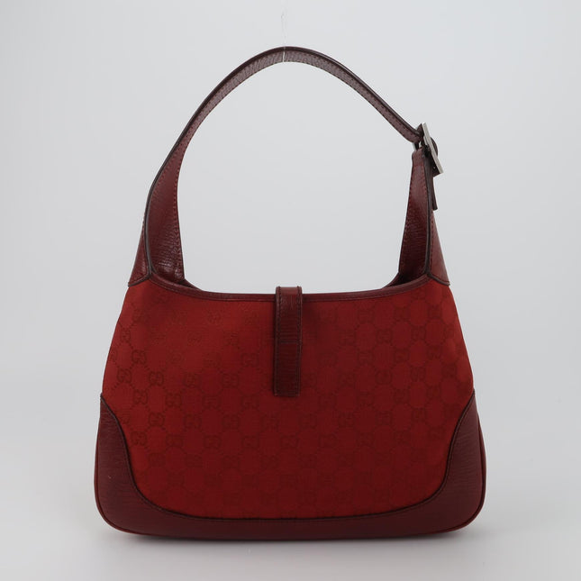 Gucci Jackie Vintage Medium Red Monogram Canvas and Leather Silver Hardware Shoulder Bag