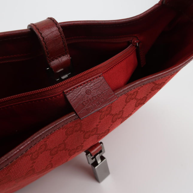 Gucci Jackie Vintage Medium Red Monogram Canvas and Leather Silver Hardware Shoulder Bag
