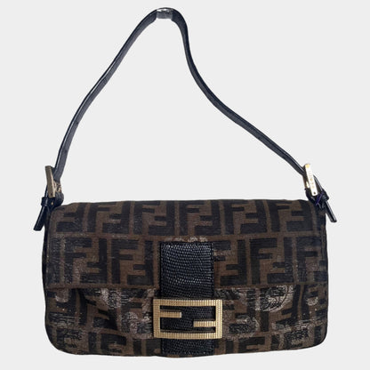 Fendi Baguette Classic Zucca Print Fendi Monogram Glossy Embroidery Lizzard Skin Strap-Luxbags