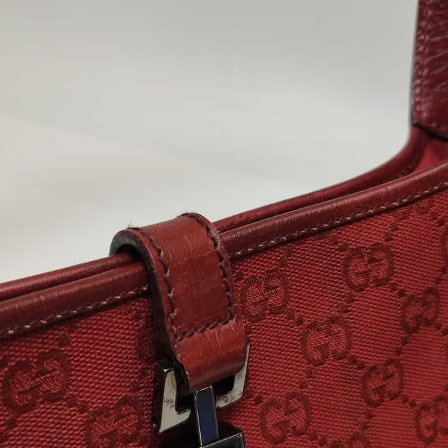 Gucci Jackie Vintage Medium Red Monogram Canvas and Leather Silver Hardware Shoulder Bag
