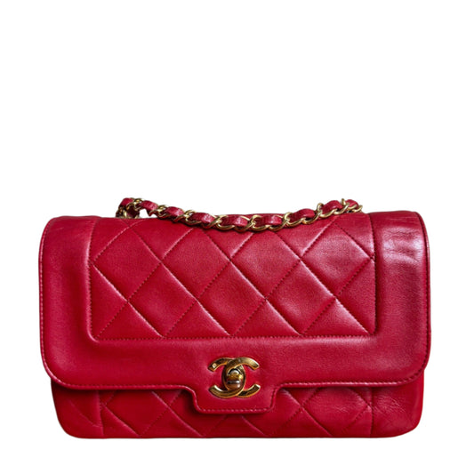 Chanel Diana CC Flap Bag Small Vintage Red Lambskin Leather with 24k Gold HW, 1989-1991-Luxbags