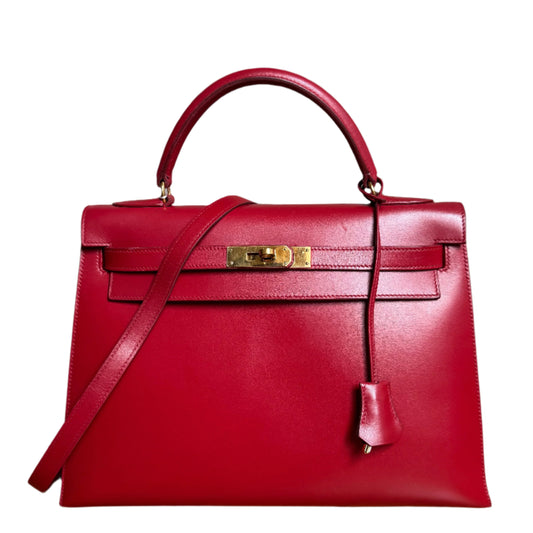 Hermes Kelly 32 Vintage Sellier Rouge Vif Red Box Calf Leather Gold HW 1988 Circle R-Luxbags