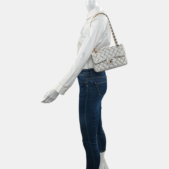 Chanel Classic Flap Small Bag White Lambskin Gold and Silver Hardware Wild Stitch 2020