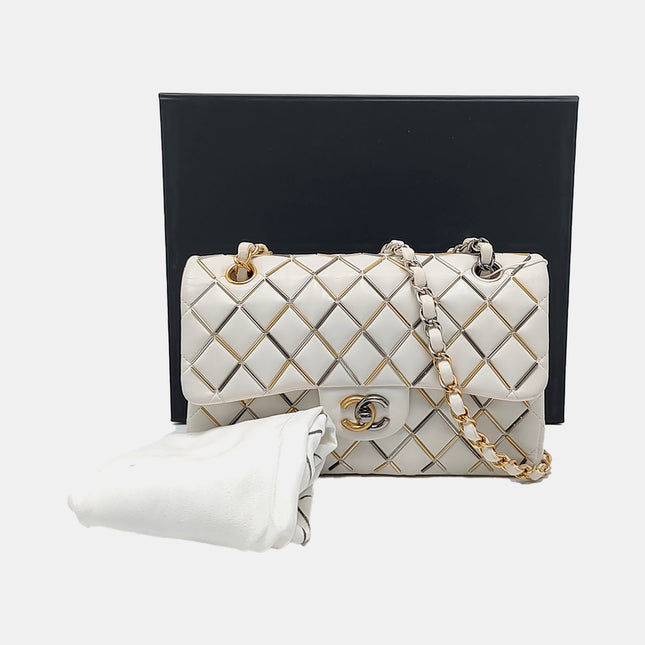 Chanel Classic Flap Small Bag White Lambskin Gold and Silver Hardware Wild Stitch 2020