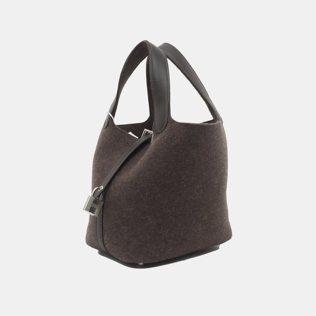 Limited Edition Hermes Picotin 18 Dark Grey Leather and Wool PHW