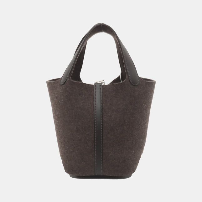 Limited Edition Hermes Picotin 18 Dark Grey Leather and Wool PHW