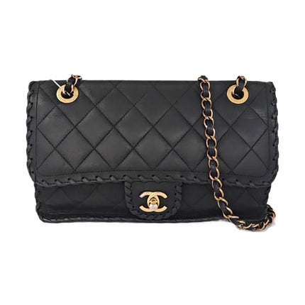 Chanel Classic Flap Medium Black Aged Calfskin Leather Braided Edge Gold Hardware