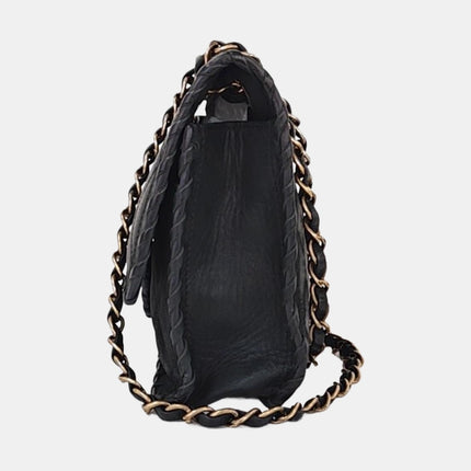 Chanel Classic Flap Medium Black Aged Calfskin Leather Braided Edge Gold Hardware