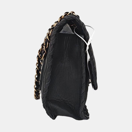 Chanel Classic Flap Medium Black Aged Calfskin Leather Braided Edge Gold Hardware