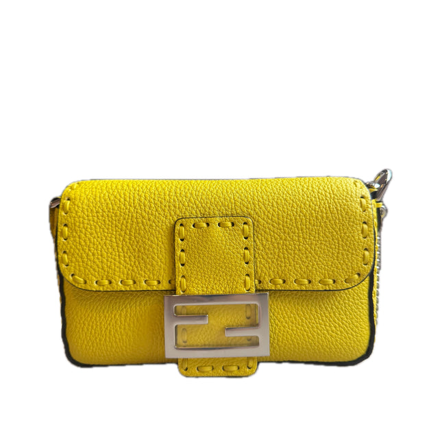 Fendi Baguette Mini Selleria Lemon Yellow Calfskin Leather Crossbody Bag