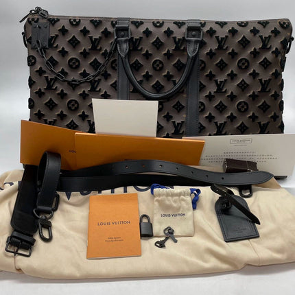 Sold Louis Vuitton Keepall Triangle Bag 50 Canvas Shoulder Strap Monogram Tufting Brown Black Never Worn