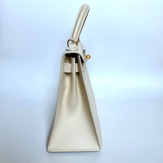 Hermes Kelly 28 Sellier Vintage White Box Leather Gold Hardware 1996