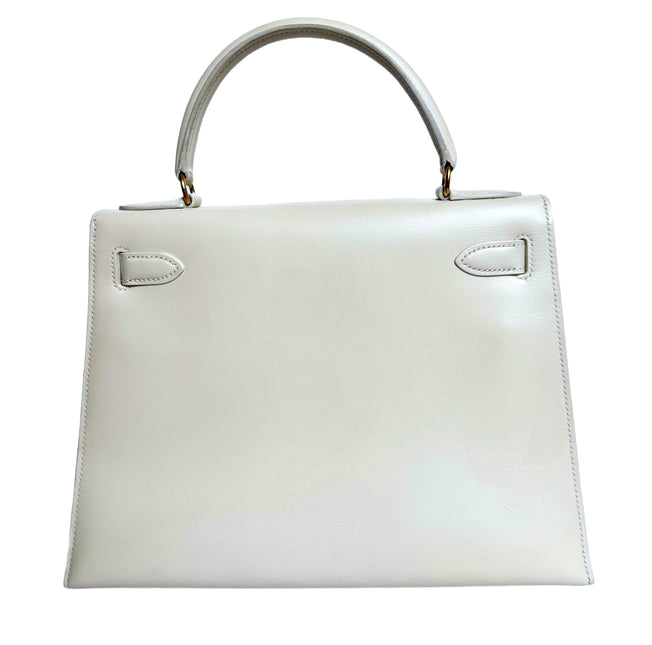 Hermes Kelly 28 Sellier Vintage White Box Leather Gold Hardware 1996